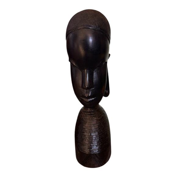 Ebony Wood African Tribal Head Statue Bust Figure 9”Tall Hand Carved Vintage - Picture 7 of 8